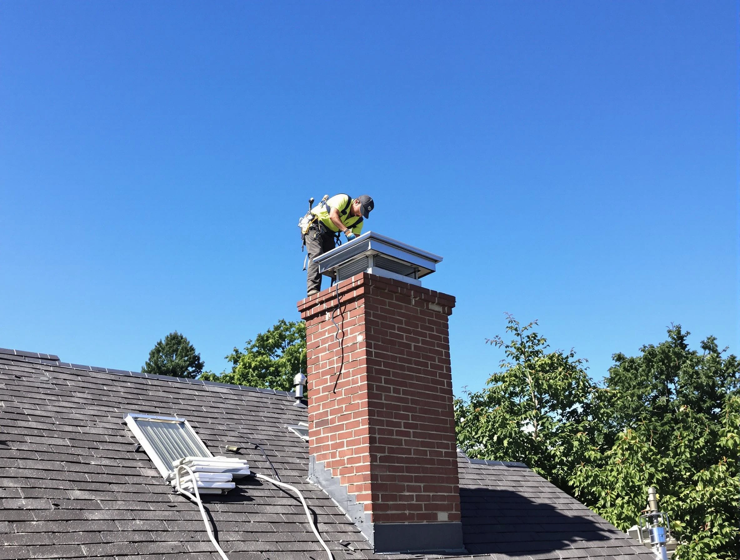 Suwanee Chimney Sweep technician measuring a chimney cap in Suwanee, GA