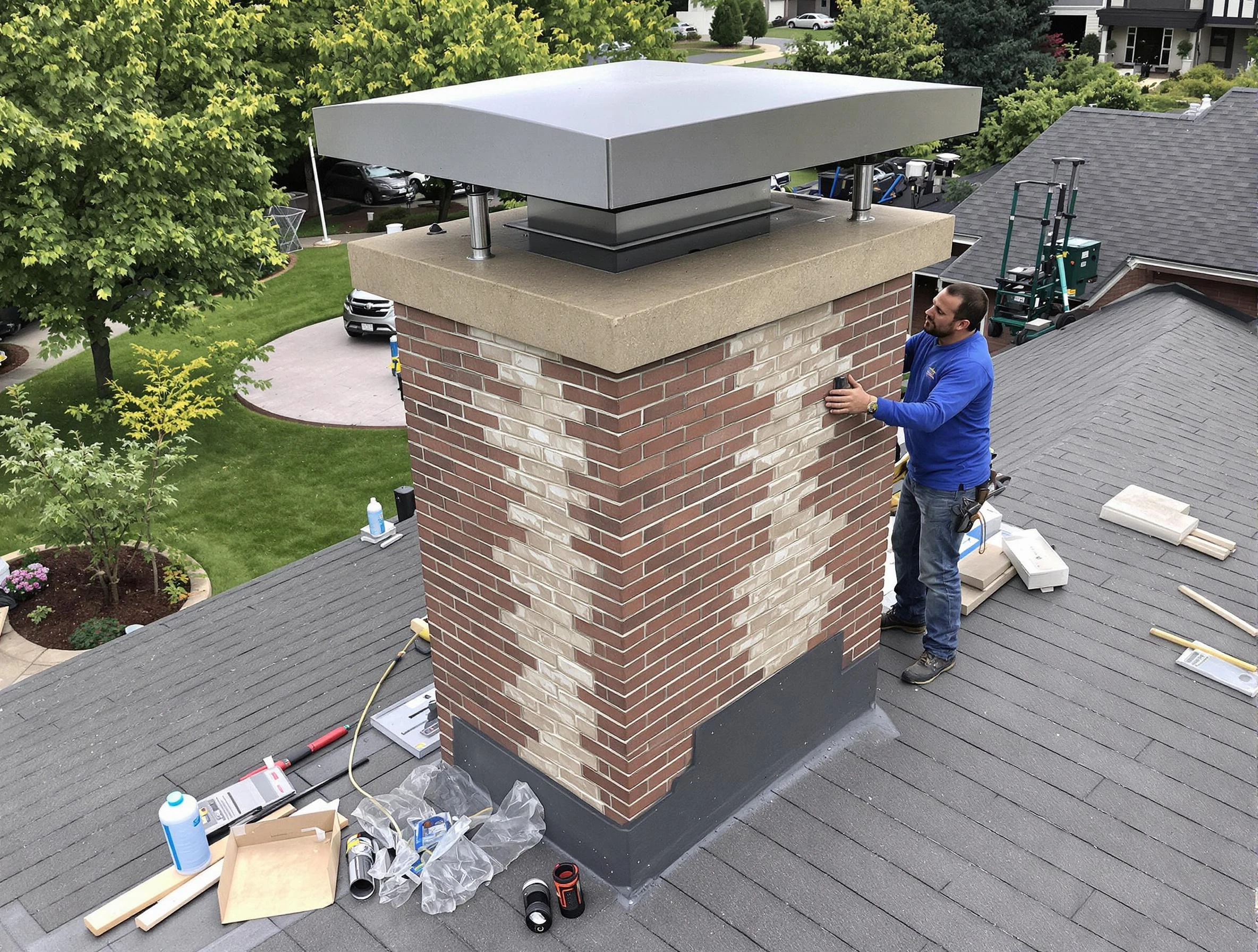 Suwanee Chimney Sweep team working on a custom chimney remodel in Suwanee, GA