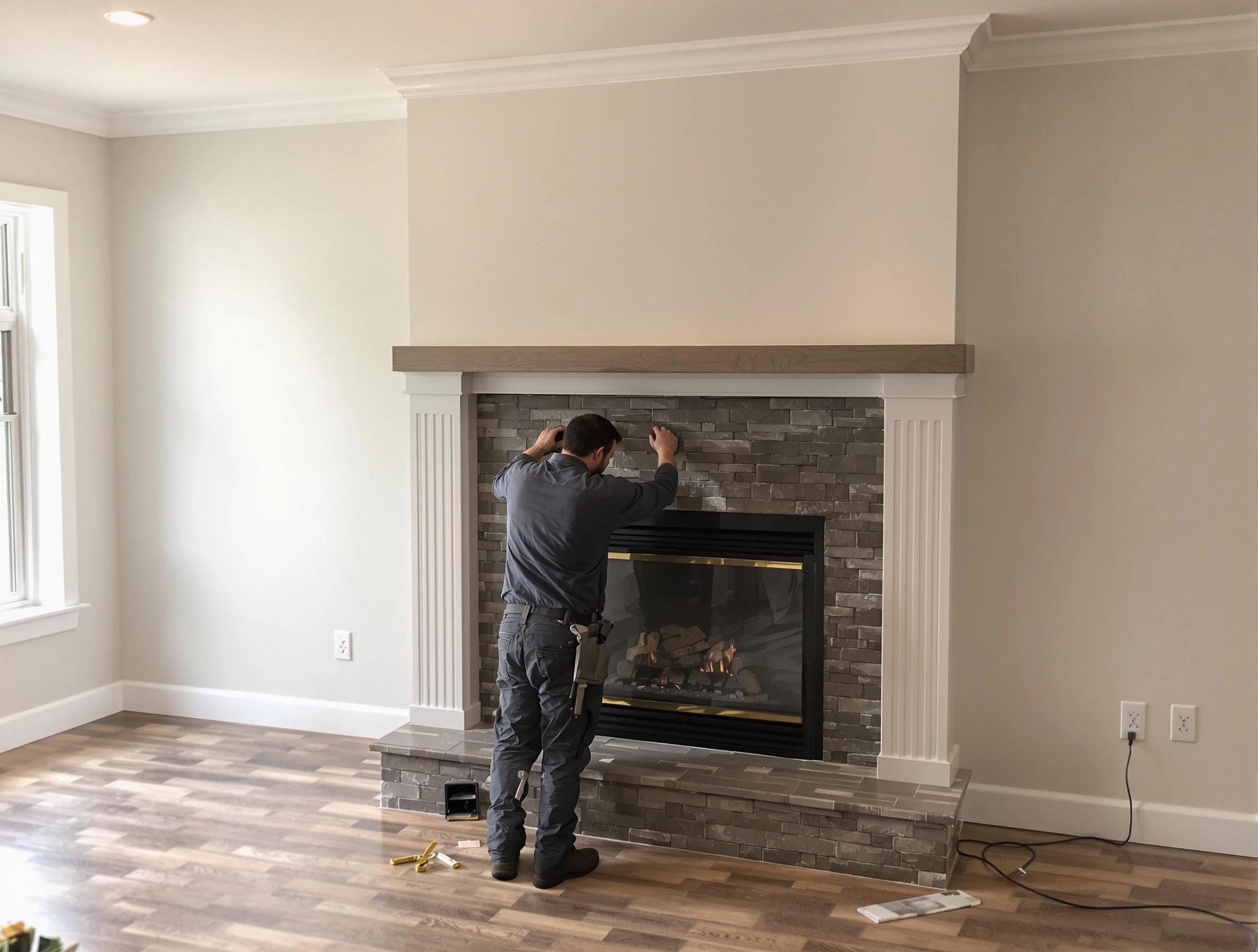 Suwanee Chimney Sweep finishing a custom fireplace install in Suwanee, GA